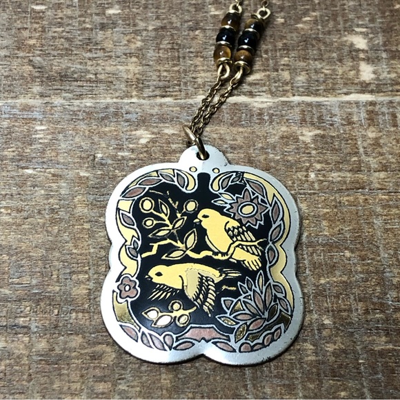 Franklin Mint Messenger of Love Pendant Cloisonné Jewelry Tiger Eye Beads 24k - Picture 2 of 5